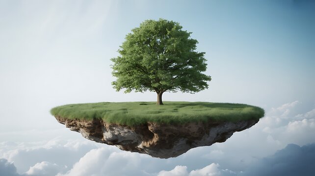 Solitary green tree on a grass-covered floating island with sky