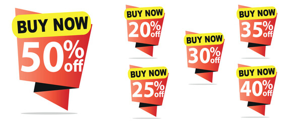 Discount Tags Vector Set, Popup Sale Banner, 50, 35, 30, 25, 40, 20 Off, Buy Now Red Yellow EPS Design