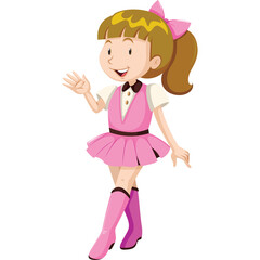 Cartoon Girl Waving Hello With Pink Dress and Bow in Her Hair