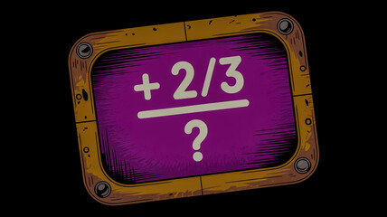 Cartoonish math problem with fraction and question mark on purple board mathematics education