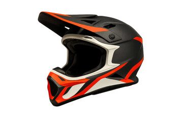 Fototapeta premium Black and orange full-face motocross helmet providing head protection for extreme sports, isolated on transparent background