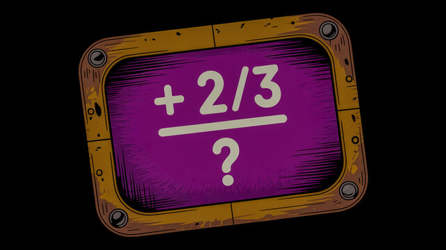 Cartoonish math problem with fraction and question mark on purple board mathematics education