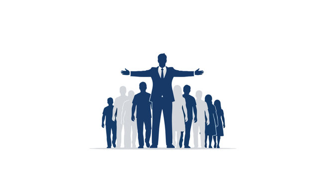 Silhouette of a confident businessman in a suit with arms outstretched leading a diverse group of people