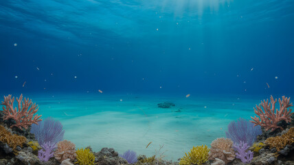 Underwater Scene with Colorful Coral Reef, Sandy Seabed, and Sunbeams Filtering Through the Water, showcasing marine life and ocean beauty.