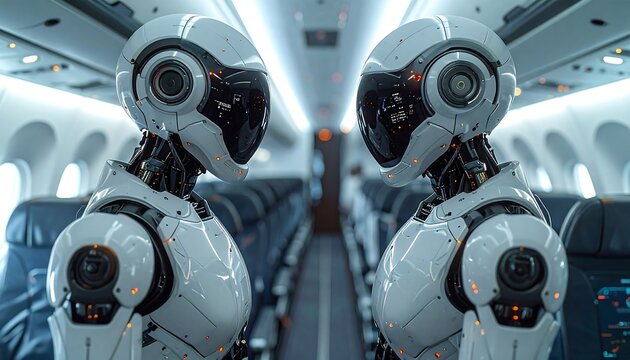 Two futuristic robotic figures face each other in an airplane interior, lit by the overhead lights. Rows of empty seats are visible - Powered by Adobe