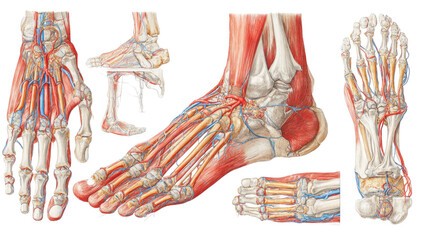 Title: Anatomical Drawing of the Human Foot from Multiple Angles on Clean White Background