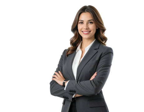 A professional woman with crossed arms and a confident smile, wearing a gray business suit against a plain black background