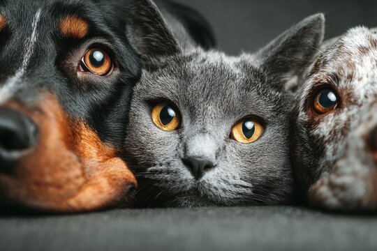 Close-up of a terrier dog and grey cat, both looking at the viewer, with detail showing the texture of their fur and the color of their eyes - Powered by Adobe