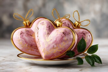 Pink and gold heart ornaments symbolizing love and romance
