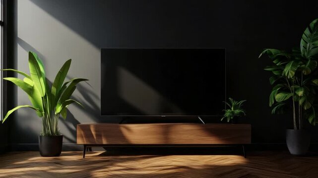 Living Room Serenity: A modern living space is bathed in natural light, with a sleek, flat-screen television taking center stage, flanked by lush plants and minimalist decor.