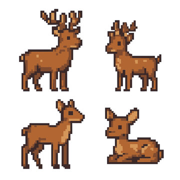 Deer wildlife pixel art icons set. simple and rustic animal graphics