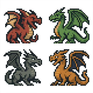 Dragon vector icons set in pixel style: mythical, fantasy, legendary symbols