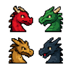 Dragon pixel icons set: simple mythical creature symbols for design