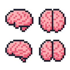 Brain vector icons set in pixel style. mind and intelligence simple symbols