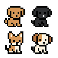 Fototapeta premium 8 bit puppy vector icons set: pixel style illustrations, dog graphics