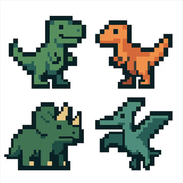 Pixel dinosaur vector icons set: simple, retro, gaming graphics for apps