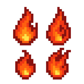 Fireball vector icons set in pixel style. blazing, flame symbols
