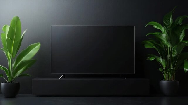Minimalist Entertainment: Modern, sleek entertainment setup with a large, dark television as the centerpiece, flanked by potted plants, creating a balanced and stylish interior scene. 