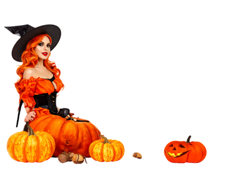 A red-haired woman in a witch hat sits on a pumpkin. She wears an orange top, corset, and holds a small item. Pumpkins are scattered