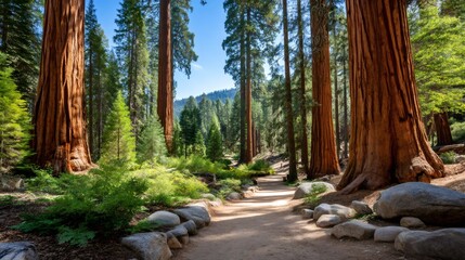 Giant sequoia trees lining a natural forest path