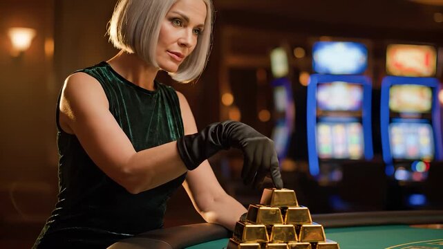 Woman gambler at green table under warm lights. Gambler stack gold bullion beside bright slot machine. Casino luxury and wealth fill opulent room. Tension and risk implied by calm poised posture.