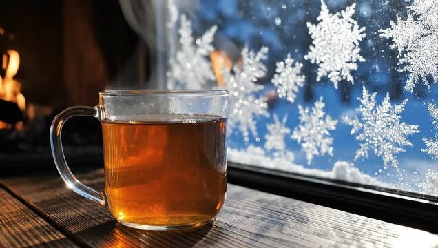 winter solstice steaming hot tea mug frosted window fireplace