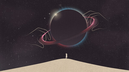 Abstract artwork. Businessman standing under cosmic sphere with glowing rings and hands in night sky. Concept of innovation strategy, leadership vision, and futuristic business development.