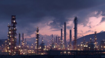 Obraz premium Oil refinery lights illuminating twilight industrial complex