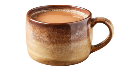 Brown mug filled with light brown liquid