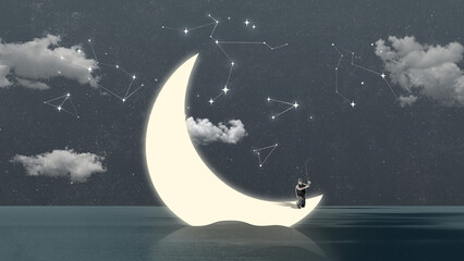 Graphic composition. Man fishing on glowing crescent moon surrounded by constellations in night...