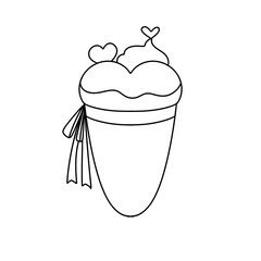A white ice cream cone with hearts on top and a ribbon around it