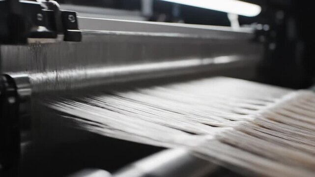 Macro 3D animation of a high-tech loom weaving high-gloss fibers (collagen) into a strong, flexible performance fabric.