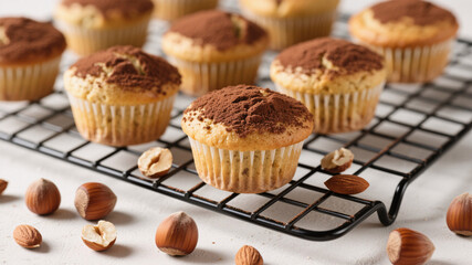 Close-up of almond flour muffins dusted with cocoa on cooling rack surrounded by scattered hazelnuts in warm light highlighting healthy dessert options and gluten-free baking inspiration