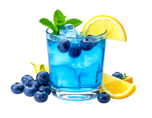 A refreshing blue cocktail with blueberries, ice, lemon slices, and mint sprigs arranged for a vivid presentation