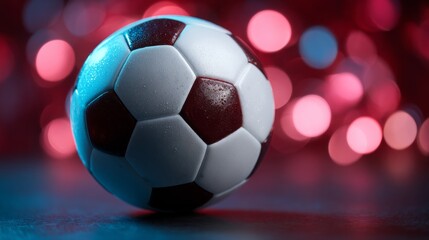 A soccer ball sits prominently, showcasing its classic design. Behind it, colorful, shimmering lights create an energetic atmosphere perfect for sports enthusiasts