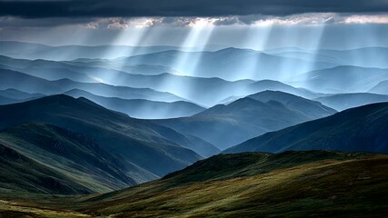 Dramatic landscape of rolling mountain ranges under a stormy sky, bathed in ethereal light