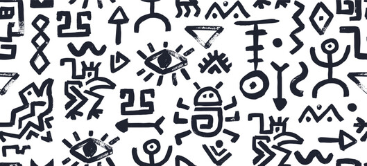 Ethnic african mexican or maya tribal seamless pattern with black human figure, spiral, bug and eye icons. Vector background showing aztec symbols or arrow, sun, ocean wave and monkey