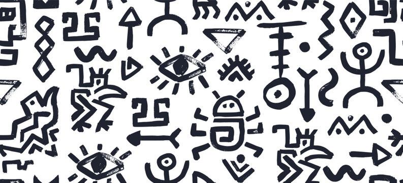 Ethnic african mexican or maya tribal seamless pattern with black human figure, spiral, bug and eye icons. Vector background showing aztec symbols or arrow, sun, ocean wave and monkey