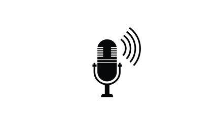 Black silhouette of a vintage microphone with sound waves emanating from it on a white background representing broadcasting or audio recording