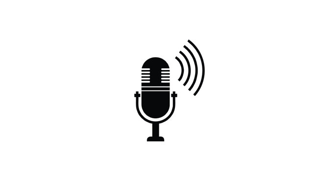 Black silhouette of a vintage microphone with sound waves emanating from it on a white background representing broadcasting or audio recording