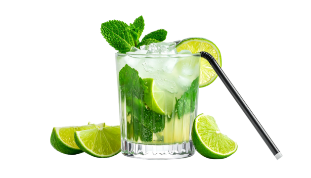 A refreshing, clear beverage with ice, lime slices, mint garnish, and a black straw, isolated on black background