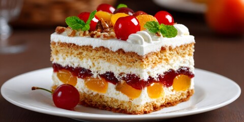 Slice of cake with whipped cream, fruits, and nuts