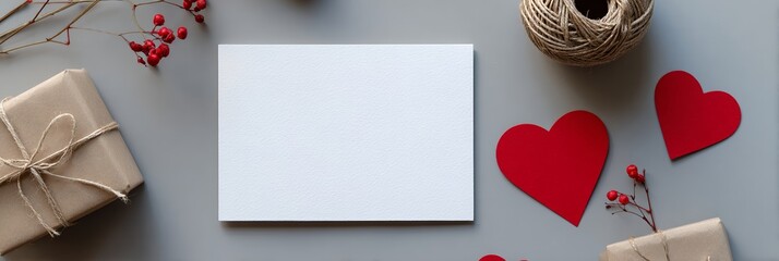 Valentine’s Day flat lay with blank card, red hearts, and gift box on gray background, perfect for romantic greeting card mockups, love messages, wedding invitations, or holiday marketing visuals.