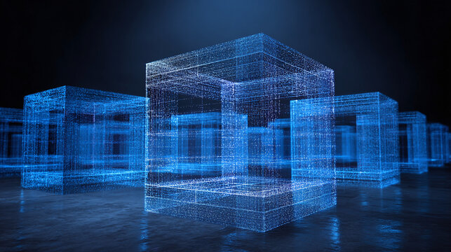 Digital cubes forming a futuristic landscape, illustrating technological advancements. The blue glowing structures evoke a sense of innovation and complexity