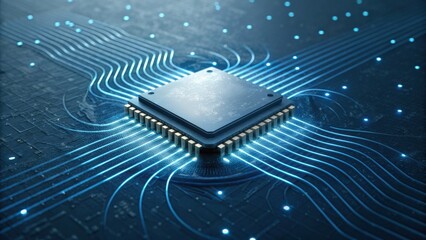 A high-tech microchip surrounded by glowing data pathways, symbolizing advanced computing and digital connectivity.