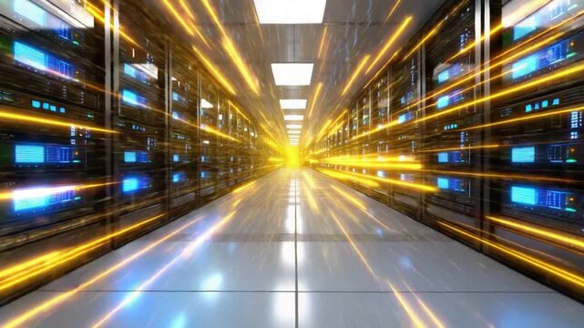 A modern data center with rows of servers displaying vibrant blue lighting. The sleek design emphasizes technology and innovation, representing the digital age of connectivity.