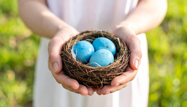 Hands holding bird nest with blue eggs, new life concept