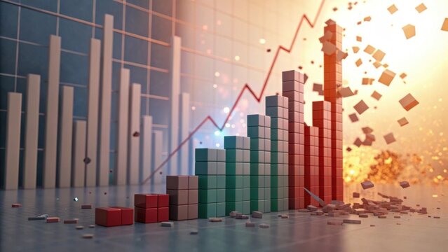 A dynamic graphic representation of financial data, featuring colorful bar charts and an upward trend line against a vibrant background.