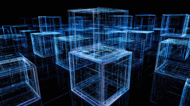 A cluster of interconnected blue geometric cubes, signifying data and technology. The translucent nature gives a sense of complexity and innovation
