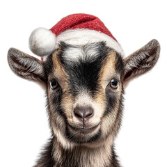 Adorable baby goat wearing festive Santa hat ready for holiday cheer